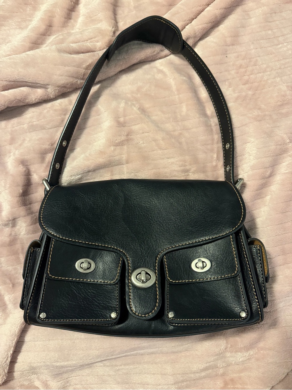 Cefiro High Quality Black Soft Vegan Leather Shoulder Bag with Silver Hardware.